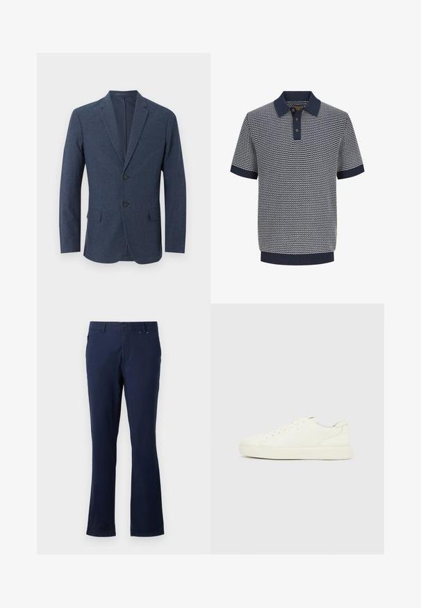 Marineblauw herensblazer met twee knopen, inkeping revers, borstzak en twee klepzakken aan de voorkant.; Herenpolo met korte mouwen in marineblauw en wit gebreid met golfpatroon, drieknoopsbies, geribde kraag, mouwen en zoom.; Navyblauwe broek van lichtgewicht stof, met een recht model, voorzakken en een knoopsluiting in de taille.; Witte lage sneaker met veters aan de voorkant, een bovenwerk van glad leer en een dikke rubberen zool, gezien vanaf de buitenkant tegen een effen achtergrond.