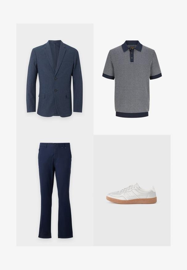 Marineblauw herensblazer met twee knopen, inkeping revers, borstzak en twee klepzakken aan de voorkant.; Herenpolo met korte mouwen in marineblauw en wit gebreid met golfpatroon, drieknoopsbies, geribde kraag, mouwen en zoom.; Navyblauwe broek van lichtgewicht stof, met een recht model, voorzakken en een knoopsluiting in de taille.; Zilveren sneakers met een gladde textuur, vetersluiting, geperforeerde accenten en een gestructureerde bruine rubberen zool.