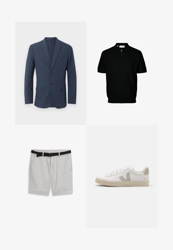 Marineblauer Herrenblazer mit zwei Knöpfen, Kerbkragen, Brusttasche und zwei Klappentaschen vorne.; Schwarzes Polohemd mit kurzen Ärmeln, aus einem gerippten Material, mit Kragen und Reißverschluss. Es hat ein figurbetontes Design und eine klare Silhouette.; Hellgraue Shorts aus strukturiertem Stoff, mit einem schwarzen Gürtel und einem Knopfverschluss, ausgestattet mit zwei Vordertaschen und umgeschlagenen Säumen.; Weiße Ledersneaker mit beigen Akzenten, flacher Gummisohle, runder Zehenpartie und kontrastierendem Logo an der Seite und Rückseite. Mit Schnürdesign.