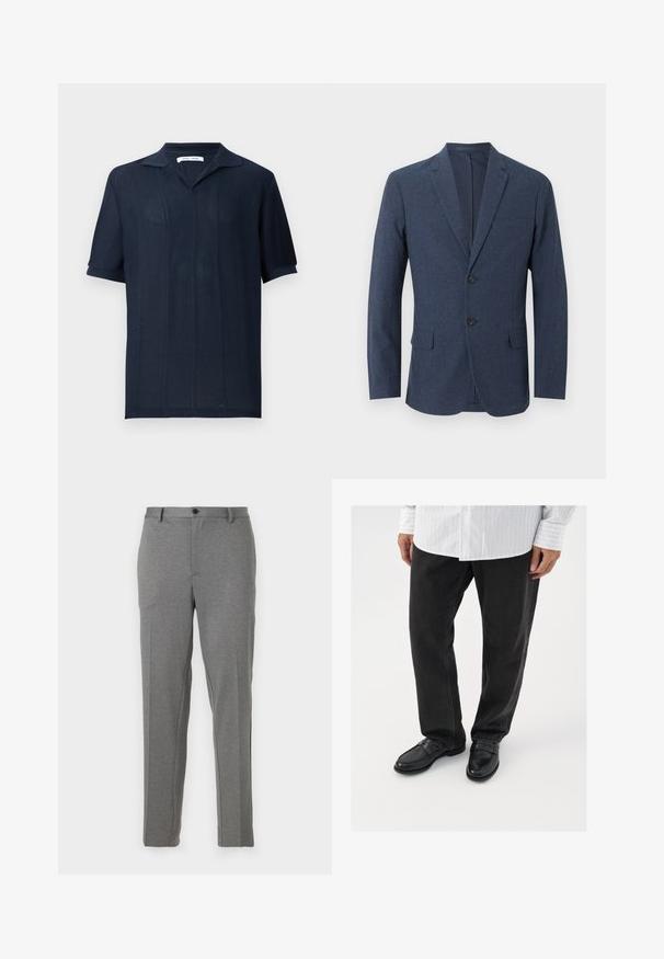 Blazer para hombre azul marino con dos botones, solapas con muesca, bolsillo en el pecho y dos bolsillos con solapa en la parte frontal.; Samsøe Samsøe SATRAVIS POLO - Polo - salute; Pantalones gris ajustados que presentan una textura suave, un ligero patrón, cierre de cremallera y botón, con bolsillos frontales y piernas acampanadas.; Pantalones de mezclilla negros combinados con mocasines negros brillantes. La camisa es blanca con finas rayas verticales, de mangas largas y con cuello abotonado.