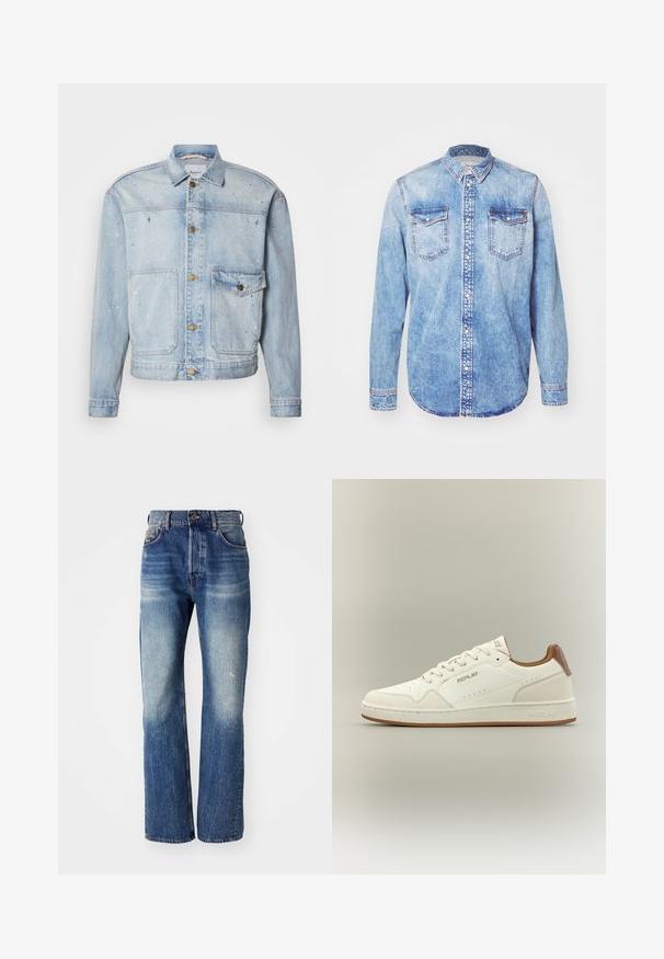 Lyseblå denimjakke med knaplukning foran, to brystlommer og malingstænkdetaljer for et tekstureret udseende.; Lysblå denimskjorte med lange ærmer, knap-ned krave, to brystlommer og kontrastsyetning. Rundet kant og klassisk pasform.; Blå denim jeans med lige ben-design, der har lys falmning og let whiskering fortil. Standard fem-lomme stil.; Hvid lav-top sneaker med brun krave, perforerede detaljer, snørelukning foran og "Replay" branding på siden, tungen og sålen.