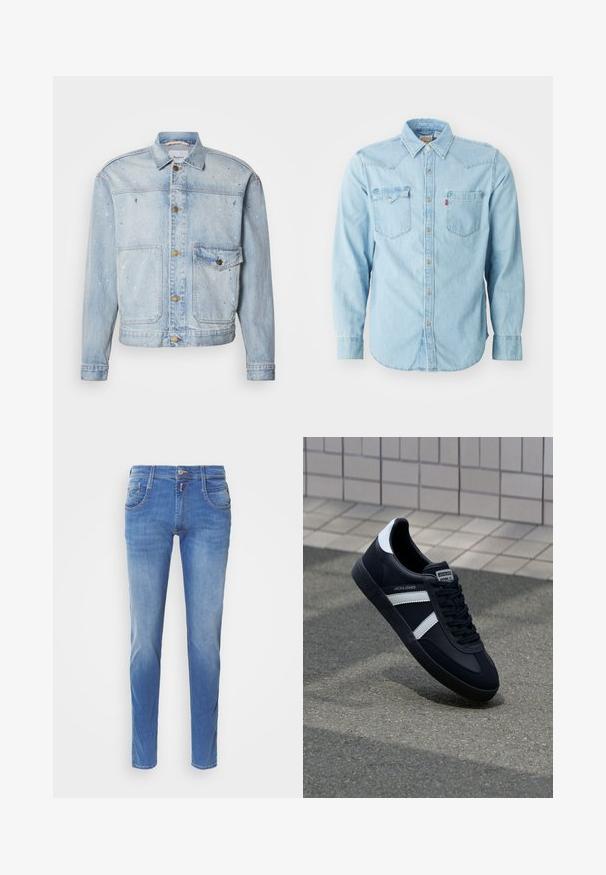 Chaqueta de mezclilla azul claro con cierre de botones en el frente, dos bolsillos en el pecho y detalles de salpicaduras de pintura para un aspecto texturizado.; Camisa de denim azul clara de manga larga con cuello puntiagudo, dos bolsillos en el pecho, botones de presión plateados y costuras en contraste. Textura suave.; Jeans de denim azul con corte slim. Presenta cinco bolsillos, cierre de botón en la parte delantera y un ligero desgastado en las piernas. Corte recto.; Zapatilla de cuero negra con rayas blancas, suela de goma texturizada y parte frontal con cordones. Cuenta con una etiqueta de marca en la lengüeta.