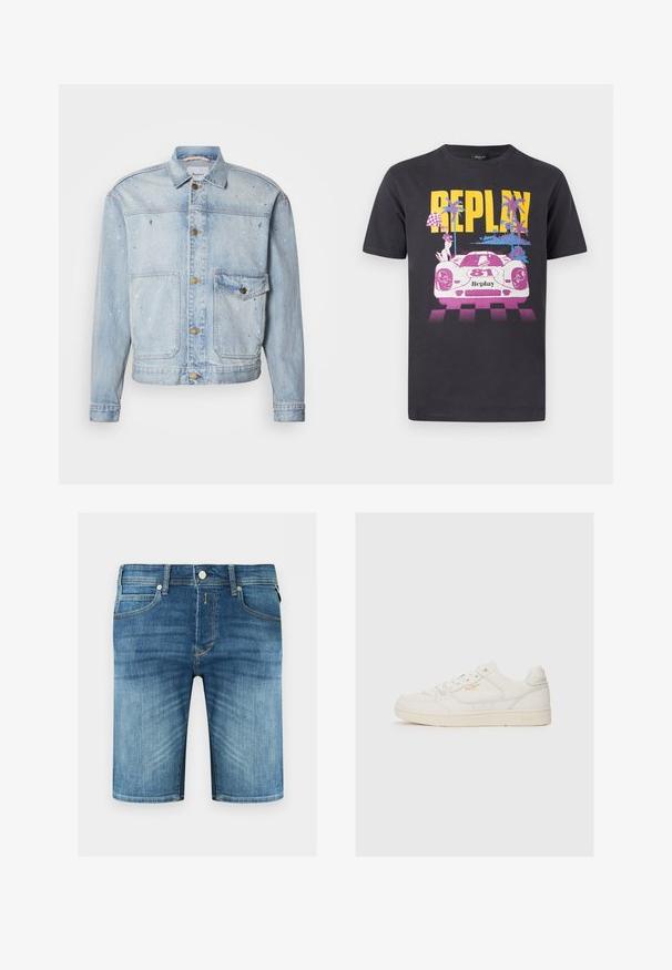 Veste en jean bleu clair avec fermeture à boutons, deux poches poitrine et éclaboussures de peinture pour un aspect texturé.; T-shirt noir avec inscription jaune "REPLAY" au-dessus d'une voiture de course rose et blanche numérotée 81, palmiers et motif de drapeau à damier.; Shorts en denim bleu pour homme avec bouton devant, fermeture éclair, passants de ceinture et détails délavés sur les cuisses et les poches.; Sneaker en cuir blanc avec une texture lisse, comportant des accents perforés, un laçage à l'avant, et un logo subtil en doré près du côté.