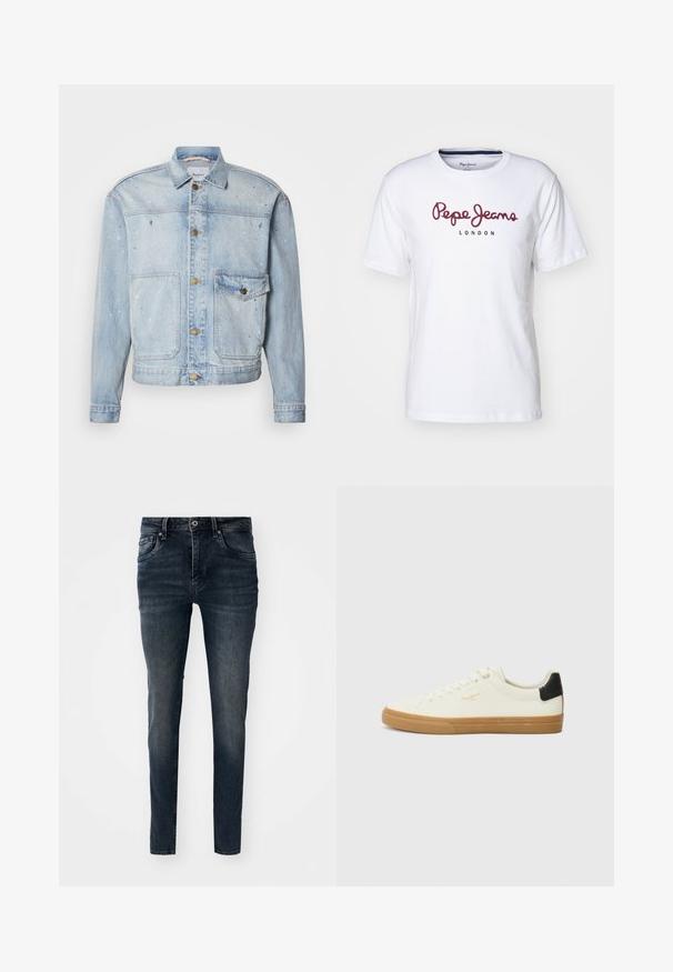 Veste en jean bleu clair avec fermeture à boutons, deux poches poitrine et éclaboussures de peinture pour un aspect texturé.; T-shirt en coton blanc avec le logo maroon "Pepe Jeans" et le texte "LONDON", col rond, manches courtes et coupe décontractée.; Jean en denim bleu foncé avec une coupe slim, un design à cinq poches, des jambes droites et des coutures contrastées, doté d'une fermeture à bouton et à zip.; Sneaker en toile blanche avec une semelle en gomme, accent au talon noir, bout rond et design à lacets. Présente le logo de la marque en doré sur le côté.