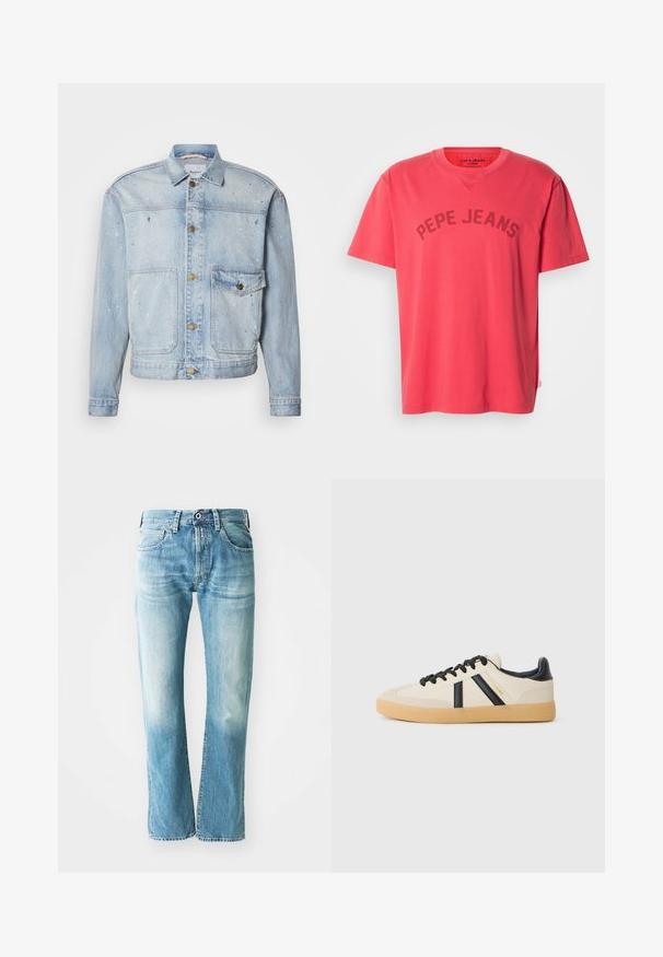 Lyseblå denimjakke med knaplukning foran, to brystlommer og malingstænkdetaljer for et tekstureret udseende.; Koralfarvet bomulds-T-shirt med korte ærmer og rund halsudskæring. Har "PEPE JEANS" trykt i mørke bogstaver hen over brystet.; Lysblå denim jeans med lige pasform, der har fem lommer og slidte detaljer, afsluttet med en klassisk lynlås og knaplukning.; Casual sneakers i creme med sorte striber, med en tekstureret overdel og sål i gummigummi. Snørebåndene er sorte. Diskret logo på siden.