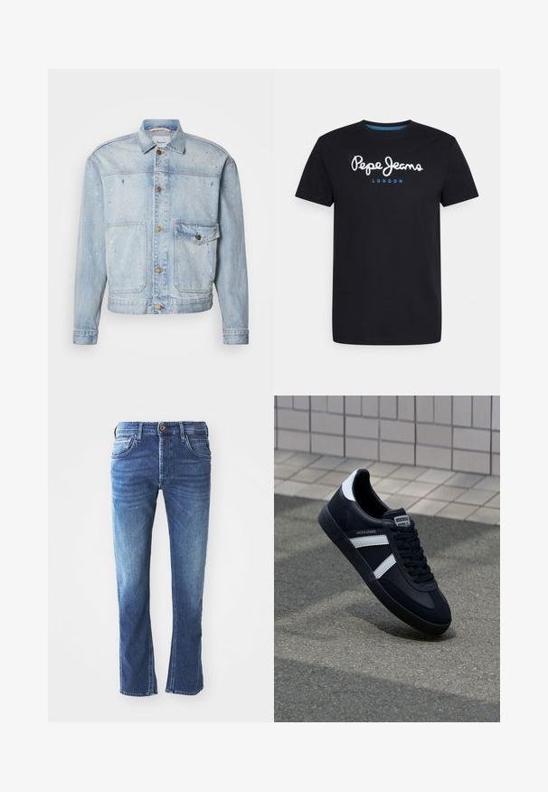 Lichtblauw spijkerjack met knoopsluiting aan de voorkant, twee borstzakken en verfspatten voor een textuurrijk uiterlijk.; Zwart katoenen T-shirt met een witte scriptlogo "Pepe Jeans" en een blauwe accent, ronde hals en korte mouwen. Eenvoudig, solide ontwerp.; Donkerblauwe spijkerbroek met een rechte pijpdesign, voorzien van vijf zakken, een bruine knoopsluiting en subtiele lichte vervaging op de bovenbenen.; Zwarte leren sneaker met witte strepen, een gestructureerde rubberen zool en vetersluiting aan de voorkant. Voorzien van een merklabel op de tong.