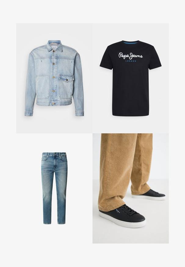 Ανοιχτό μπλε denim μπουφάν με κουμπιά μπροστά, δύο τσέπες στο στήθος και λεπτομέρειες με πιτσιλιές μπογιάς για υφή.; Μαύρο βαμβακερό T-shirt με λευκό λογότυπο "Pepe Jeans" με μπλε λεπτομέρεια, στρογγυλή λαιμόκοψη και κοντά μανίκια. Απλός, συμπαγής σχεδιασμός.; Ανοιχτού μπλε τζιν παντελόνι με κατευθείαν κοπή, πέντε τσέπες και φερμουάρ. Φθορά κοντά στους γόνατους και διακριτική επιδιόρθωση στους μηρούς.; Μαύρα δερμάτινα αθλητικά παπούτσια με λευκές καουτσούκ σόλες. Φορεμένα με τα καφέ κορδόνια παντελόνια που έχουν κατακόρυφες ραφές και χαλαρή εφαρμογή.