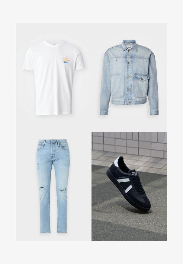 Hellblaue Jeansjacke mit durchgehender Knopfleiste, zwei Brusttaschen und Farbspritzereien für eine strukturierte Optik.; Weißes Baumwoll-T-Shirt mit rundem Halsausschnitt und kurzen Ärmeln. Es verfügt über eine farbenfrohe Grafik mit gelben und blauen Elementen auf der Brust.; Hellblaue Denim-Jeans mit schmaler Passform, ausgestattet mit abgenutzten Details an den Knien und einem klassischen Fünf-Taschen-Design.; Schwarze Leder-Sneaker mit weißen Streifen, strukturiertem Gummisohle und Schnürung. Verfügt über ein Markenetikett auf der Zunge.
