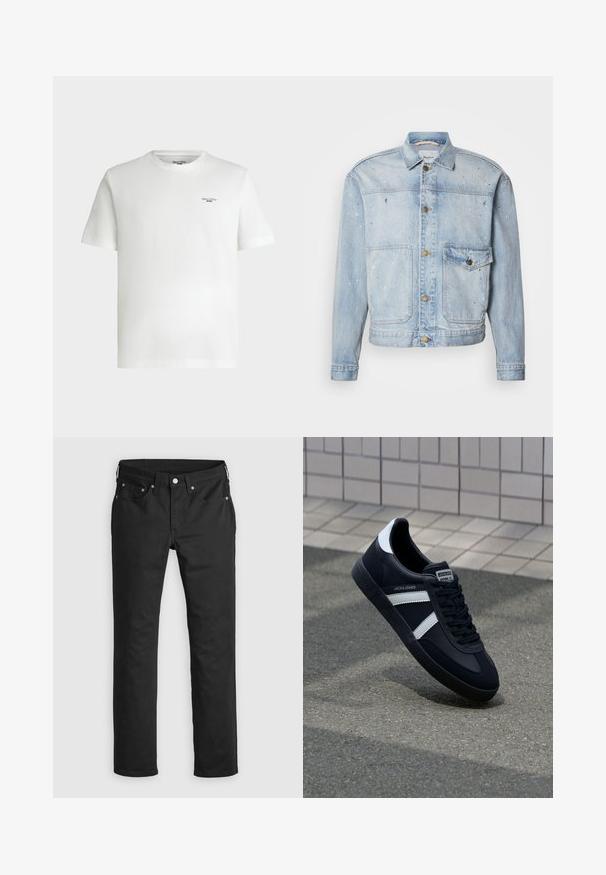 Lyseblå denimjakke med knaplukning foran, to brystlommer og malingstænkdetaljer for et tekstureret udseende.; Hvid kortærmet t-shirt med rund hals og lille sort tekstlogo "Marc O'Polo DENIM" på øverste venstre bryst.; Sorte denimbukser med lige ben, der har lynlås i gylpen, fem lommer og metalknapdetaljer. Glat tekstur.; Sort lædersneaker med hvide striber, tekstureret gummisål og snørrebånd foran. Har et brandet mærke på tungen.