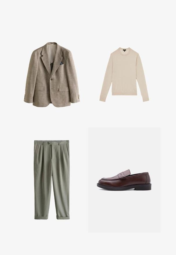Brun og hvid hundetandmønstret herreblazer med hakkede revers, to frontlommer med klap, enkelt knaplukning og et blåt mønstret lommetørklæde.; Lyse beige langærmet sweater med rund halsudskæring. Fremstillet i blødt stof og med ribbet manchetter og kant. Minimalistisk design uden mønstre.; Grå skræddersyede bukser med tynde striber, med frontplisser, sidelommer, knaplukning i taljen og opsmøgede benender.; Brun læderloafer med sort sål og syninger vist i sideprofil mod hvid baggrund.