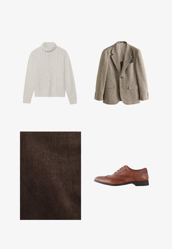Brun og hvid hundetandmønstret herreblazer med hakkede revers, to frontlommer med klap, enkelt knaplukning og et blåt mønstret lommetørklæde.; Cremefarvet kabelstrikket sweater med høj ribkant, prydet med et struktureret mønster samt ribbede manchetter og kant. Blødt uldblend materiale.; Brun kordfløjlstof med lodrette ribber, blød tekstur og en dyb, rig farve, velegnet til polstring eller tøj.; Brun læder herre brogue-sko med dekorative perforeringer og sort sål, vist fra siden.