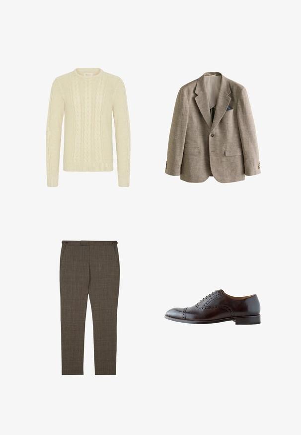 Brun og hvid hundetandmønstret herreblazer med hakkede revers, to frontlommer med klap, enkelt knaplukning og et blåt mønstret lommetørklæde.; Blend BHBASIM - Striktrøje - oyster gray; Brune ternede slim fit herrebukser med sidelommer og knappede talje stropper, vist på en hvid baggrund.; Mørkebrune læder Oxford festsko med brogue-detaljer, lukket snøring og lav stakket hæl, vist i profil.