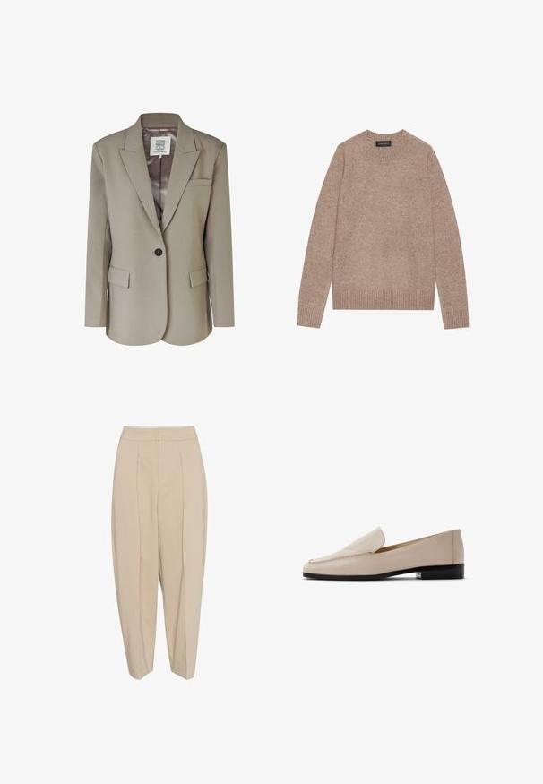 Blazer beige con solapa muesca, cierre de un solo botón, dos bolsillos frontales y un forro interior de satén suave. Corte ajustado con hombros estructurados.; Suéter marrón claro con cuello redondo, hecho de una tela suave, con puños y dobladillo acanalados. Diseño simple con una apariencia texturizada.; Pantalones beige entallados con cintura alta, frente plisado y pierna ajustada. La tela parece suave con un sutil brillo. Sin bolsillos visibles.; Mocasines de cuero beige con textura suave, puntera redondeada y costuras mínimas. Con un tacón bajo negro y diseño sin cordones.