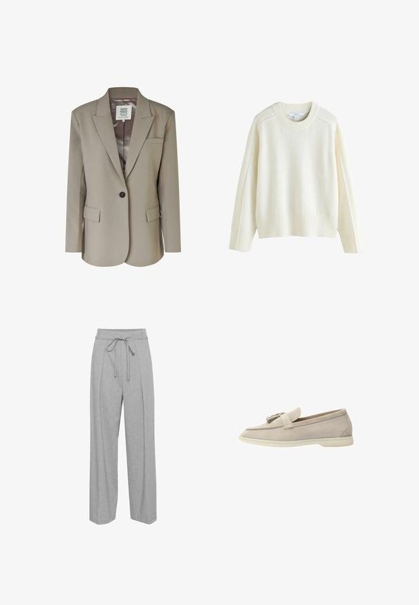 Beige blazer med nedskåret revers, enkel knaplukning, to frontlommer og en glat satinforing. Skræddersyet pasform med strukturerede skuldre.; Next CREW NECK - Striktrøje - ecru; Grå linned brede bukser med høj talje, udstyret med snørre, folder foran og en blød, struktureret finish.; Beige ruskinds loafers med en frynseaccent, der har en glat tekstur, rund tå og en gummisål for fleksibilitet.