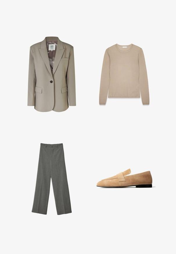 Beige blazer med nedskåret revers, enkel knaplukning, to frontlommer og en glat satinforing. Skræddersyet pasform med strukturerede skuldre.; Beige langærmet pullover striktrøje i blødt garn med rund halsudskæring og ribbede manchetter, der har en glat overflade og enkle linjer.; Grå bredbenede bukser lavet af tekstureret stof, med en frontfolder og to lommer, samt en enkelt frontknaplukning.; Lysebrun ruskindsløs loafer med en lav sort hæl og en bred remdetalje tværs over toppen, vist i sideprofil på hvid baggrund.