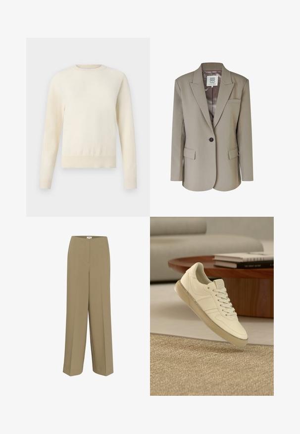 Beige blazer met een geknipt revers, enkele knoopsluiting, twee voorzakken en een gladde satijnen binnenvoering. Taillerende pasvorm met gestructureerde schouders.; Licht crèmekleurige trui met lange mouwen, ronde halslijn en ribgebreide zoom. Gemaakt van een zacht materiaal en heeft een gladde textuur.; Khaki wijde broek gemaakt van een gladde stof. Heeft een vooraanstaande plooi en een platte tailleband. Geen zichtbare zakken of hardware.; Witte leren sneaker met vetersluiting, gestructureerde accenten en een doorschijnende rubberen zool, gepresenteerd boven een geweven oppervlak.