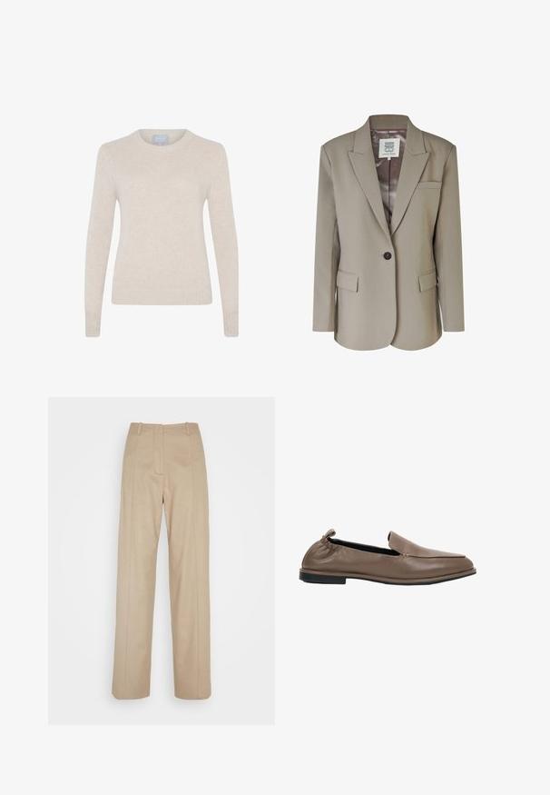 Beige blazer met een geknipt revers, enkele knoopsluiting, twee voorzakken en een gladde satijnen binnenvoering. Taillerende pasvorm met gestructureerde schouders.; Style Republic Trui - sand; Calvin Klein TAILORED STRAIGHT PANT - Broek - cinder; Bruine leren instapschoen met platte zwarte zool en geplooide elastische achterkant, getoond vanaf de buitenkant op een witte achtergrond.