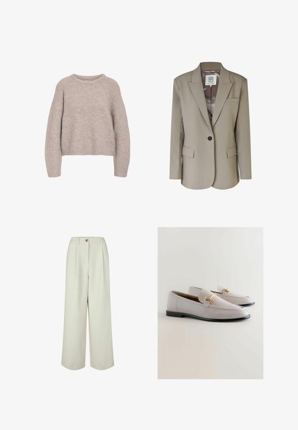 Beige blazer met een geknipt revers, enkele knoopsluiting, twee voorzakken en een gladde satijnen binnenvoering. Taillerende pasvorm met gestructureerde schouders.; Lichtbeige gebreide trui met een relaxte pasvorm, ronde halslijn en lange mouwen. Gelaagd, zacht materiaal met een gezellige uitstraling.; Crème kleurige broek met hoge taille en wijde pijpen, voorzien van ceintuurlussen, knoopsluiting en voorplooien, ontworpen voor een relaxte pasvorm.; Lichtgrijze leren loafers met een spitse neus, voorzien van een gouden metalen accent en een lage zwarte hak. Zachte textuur, minimalistisch ontwerp.
