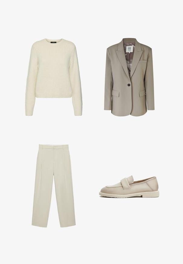 Beige blazer med nedskåret revers, enkel knaplukning, to frontlommer og en glat satinforing. Skræddersyet pasform med strukturerede skuldre.; Hvid strikket sweater med rund halsudskæring, lange ærmer og ribbede manchetter og kant. Blød tekstur og afslappet pasform.; Beige højtaljede skræddersyede bukser med sidelommer, bæltestropper og lynlås foran, i en rette bukseben pasform.; Beige læder loafers med en jævn tekstur, der har et forhøjet bånd over forgabreren og en lav, flad gummisål.