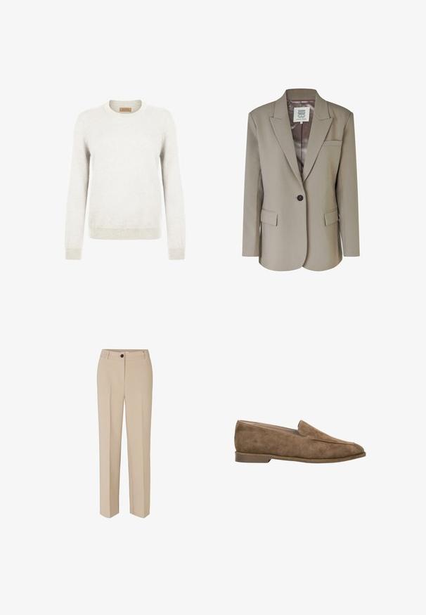 Blazer beige avec un col cranté, fermeture à un bouton, deux poches avant et une doublure intérieure en satin lisse. Coupe ajustée avec des épaules structurées.; Pull léger gris fabriqué en tissu tricot doux, avec un col rond et des manches longues, et des poignets et un ourlet côtelés pour un effet de texture supplémentaire.; Modström GALE - Pantalon classique - powder sand; Mocassin en daim marron à enfiler avec petit talon et bout arrondi, vue de côté sur fond blanc.