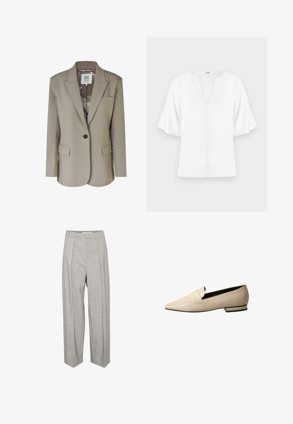 Blazer beige con solapa muesca, cierre de un solo botón, dos bolsillos frontales y un forro interior de satén suave. Corte ajustado con hombros estructurados.; Blusa blanca con escote en V y mangas cortas amplias. Está hecha de una tela ligera y presenta una textura simple y suave, sin patrones visibles.; Pantalones de pierna ancha gris claro con una textura suave, que presentan dos pliegues frontales, una cintura y patas rectas.; Mocasines de cuero beige con punta afilada, que presentan una amplia correa en el empeine y un tacón bajo apilado con un acento negro.