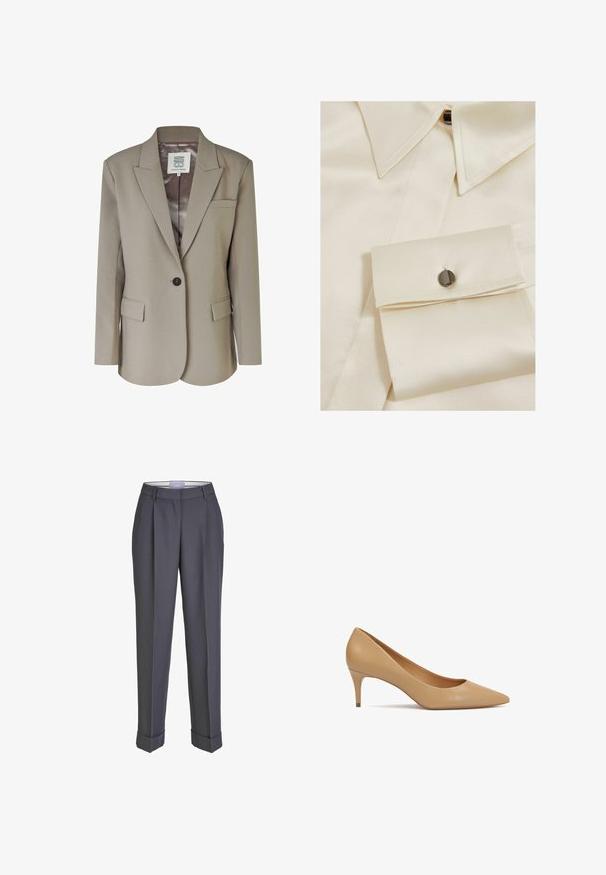 Beige Blazer mit Reverskragen, Ein-Knopf-Verschluss, zwei Vorderaschen und einem glatten Satin-Futter. Maßgeschneiderte Passform mit strukturierten Schultern.; Cremefarbiges Satinhemd mit Spitzkragen, Knopfverschluss und einem Manschette mit einem schwarzen Knopfakzent. Glatte Textur und strukturiertes Design.; Dunkelgraue Tailor-Hosen mit geradem Bein, gefalteter Vorderseite und umgeschlagenen Säumen. Hergestellt aus glattem Stoff und mit einem klassischen Bund versehen.; Beiger Leder-Pumps mit hohem Absatz, spitz zulaufender Vorderseite und schlankem 5 cm hohen Absatz; glatte Textur und minimalistisches Design ohne Verzierungen.