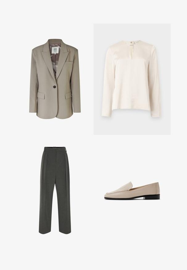 Beige blazer med nedskåret revers, enkel knaplukning, to frontlommer og en glat satinforing. Skræddersyet pasform med strukturerede skuldre.; Cremefarvet bluse med lange ærmer, rund halsudskæring, frontplissering og skjult lynlås bagpå. Glat, silkeblød tekstur.; Grå viddebukser i tekstureret stof med højtaljet pasform og forreste læg. Designet har en glat linning uden synlige lukninger.; Beige læderloafers med en glat tekstur, rund tå og minimal syning. Med en lav sort hæl og slip-on design.
