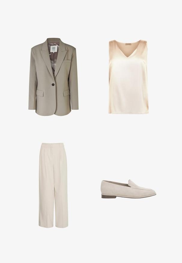 Beige Blazer mit Reverskragen, Ein-Knopf-Verschluss, zwei Vorderaschen und einem glatten Satin-Futter. Maßgeschneiderte Passform mit strukturierten Schultern.; Beige ärmelloses Top aus glattem Stoff mit V-Ausschnitt und geradem Saum. Minimalistischer Stil ohne zusätzliche Muster oder Akzente.; Hochtaillierte, cremefarbene, weite Hosen mit Falten, aus glattem Stoff, mit einem schlichten Design und taillierter Passform.; Beiger Wildleder-Slipper mit niedrigem Absatz, spitz zulaufender Spitze und minimaler Naht am Obermaterial.
