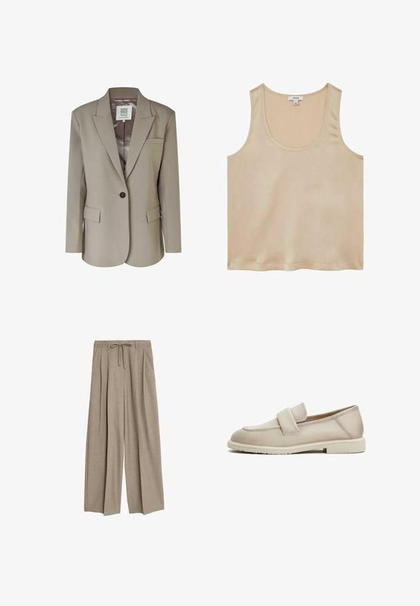 Beige blazer med nedskåret revers, enkel knaplukning, to frontlommer og en glat satinforing. Skræddersyet pasform med strukturerede skuldre.; Reiss REGULAR FIT - Bluse - neutral; Beige højtaljede bukser med en afslappet pasform, der har pletter og en snøre i taljen. Materialet ser ud til at være tekstureret og let.; Beige læder loafers med en jævn tekstur, der har et forhøjet bånd over forgabreren og en lav, flad gummisål.