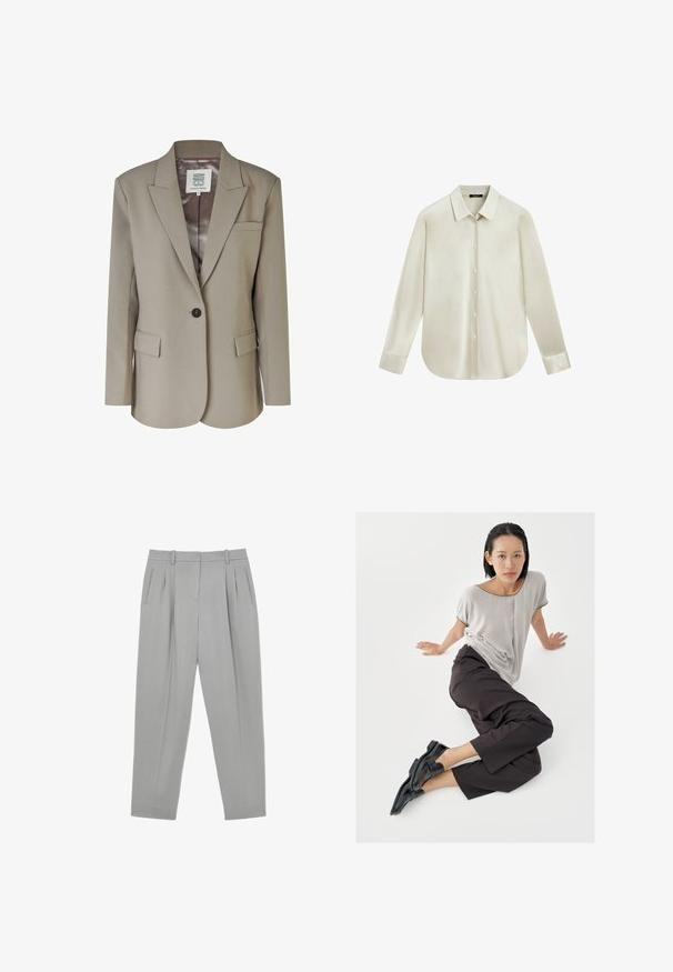 Beige blazer met een geknipt revers, enkele knoopsluiting, twee voorzakken en een gladde satijnen binnenvoering. Taillerende pasvorm met gestructureerde schouders.; Crèmekleurig overhemd met lange mouwen, knoopsluiting, spitse kraag en afgeronde zoom, getoond tegen een witte achtergrond.; Lichtgrijze formele broek met voorplooien, zijzakken, riemlussen en taps toelopende pijp.; Lichtgrijze top met korte mouwen, donkere wijde broekspijpen en zwarte loafers. Soepele stof, ontspannen pasvorm en contrasterende bies op het shirt.