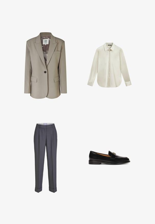 Beige Blazer mit Reverskragen, Ein-Knopf-Verschluss, zwei Vorderaschen und einem glatten Satin-Futter. Maßgeschneiderte Passform mit strukturierten Schultern.; Langärmliges cremefarbenes Hemd mit Knopfleiste, spitzem Kragen und abgerundetem Saum, auf weißem Hintergrund dargestellt.; Dunkelgraue Tailor-Hosen mit geradem Bein, gefalteter Vorderseite und umgeschlagenen Säumen. Hergestellt aus glattem Stoff und mit einem klassischen Bund versehen.; Schwarze Lederloafer mit abgerundeter Zehenpartie, schlanker Silhouette und einem dekorativen Riemen mit metallischen Akzenten auf dem Spann. Flache Gummisohle.