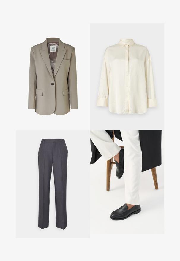 Blazer beige avec un col cranté, fermeture à un bouton, deux poches avant et une doublure intérieure en satin lisse. Coupe ajustée avec des épaules structurées.; Chemise à manches longues couleur crème avec un devant à boutons, un col pointu et des manches à poignets, fabriquée en tissu lisse.; Pantalons gris sur mesure, fabriqués dans un tissu avec une texture subtile, dotés d'une coupe droite et de plis marqués à l'avant.; Personne portant des mocassins en cuir noir et un pantalon blanc assise sur un tabouret en bois devant un fond blanc.