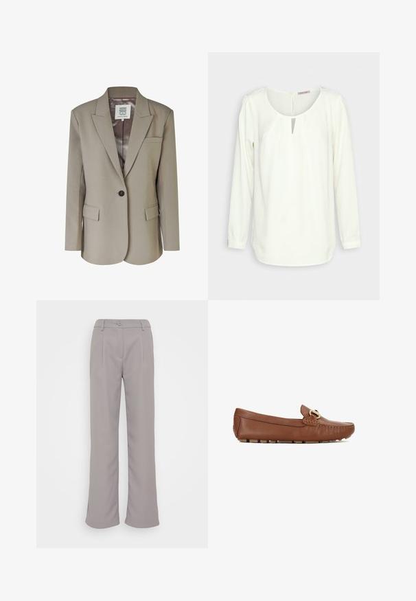 Blazer beige avec un col cranté, fermeture à un bouton, deux poches avant et une doublure intérieure en satin lisse. Coupe ajustée avec des épaules structurées.; Anna Field by Zalando Tunique - off-white; Pantalons gris à jambes larges avec une texture lisse. Comprend des plis avant, une fermeture à bouton et des poches latérales. Design classique pour un usage polyvalent.; Mocassins en cuir marron à bout arrondi, coutures décoratives et accent doré. La semelle est dotée de petits picots en caoutchouc texturés.