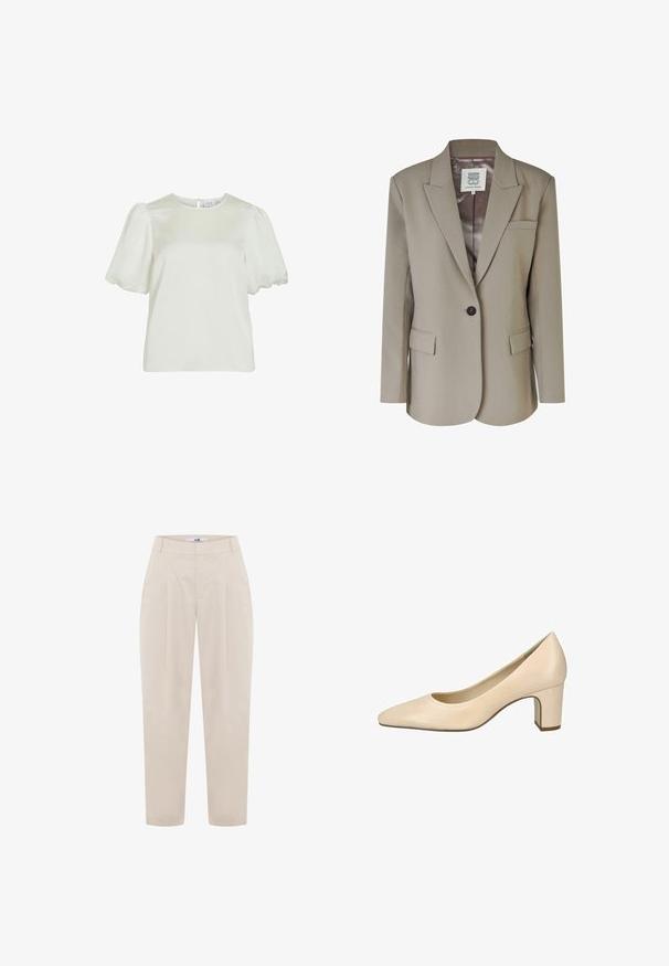 Beige blazer med nedskåret revers, enkel knaplukning, to frontlommer og en glat satinforing. Skræddersyet pasform med strukturerede skuldre.; Hvid kortærmet bluse med rund halsudskæring og puffede ærmer, med knappelukning bagpå.; Beige skræddersyede bukser med høj talje, plisseret front og tapered ben. Lavet af letvægtsstof med en glat tekstur.; Beige læder midhæl pump med afrundet firkantet tå og blokhæl, vist på hvid baggrund.