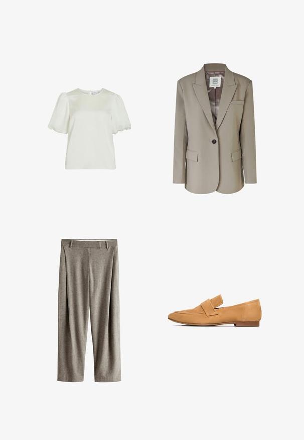 Beige blazer med nedskåret revers, enkel knaplukning, to frontlommer og en glat satinforing. Skræddersyet pasform med strukturerede skuldre.; Hvid kortærmet bluse med rund halsudskæring og puffede ærmer, med knappelukning bagpå.; Grå bukser med lige ben, bæltestropper, flad front og en subtil tekstur på en hvid baggrund.; Lette mokkasiner i tan farve med flad hæl, rund tå og en syet strop over vristen for et raffineret udtryk.