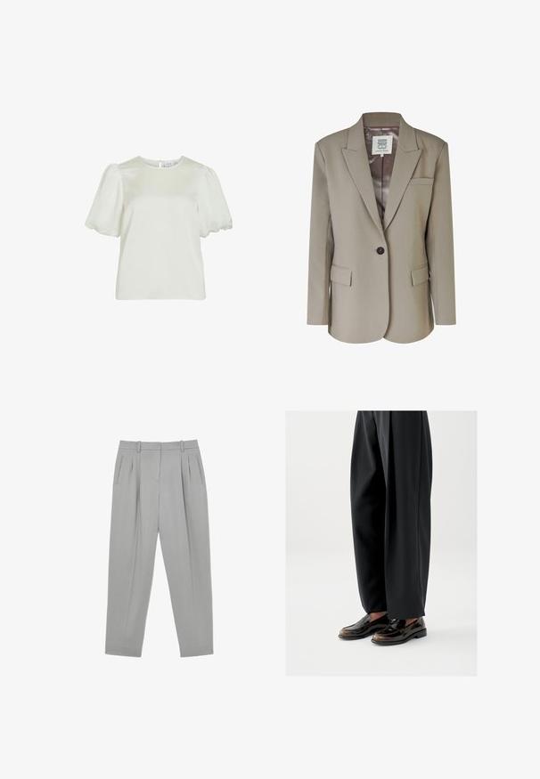 Beige blazer med nedskåret revers, enkel knaplukning, to frontlommer og en glat satinforing. Skræddersyet pasform med strukturerede skuldre.; Hvid kortærmet bluse med rund halsudskæring og puffede ærmer, med knappelukning bagpå.; Lysegrå formelle bukser med frontplisser, sidelommer, bæltestropper og en tilspidset benform.; Sorte loafers med en blank læderfinish, der har en dekorativ rem over toppen, kombineret med løstsiddende sorte bukser.