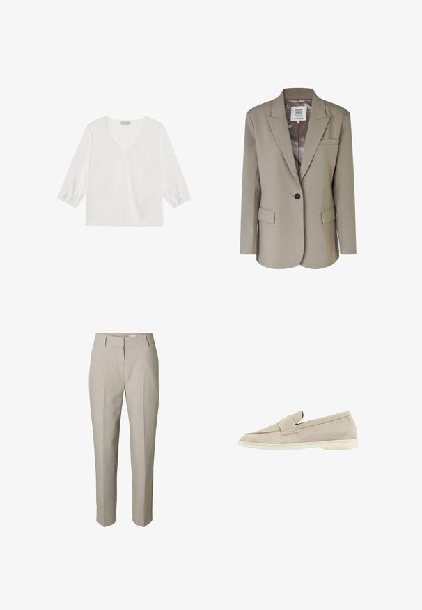 Blazer beige avec un col cranté, fermeture à un bouton, deux poches avant et une doublure intérieure en satin lisse. Coupe ajustée avec des épaules structurées.; Blouse blanche à manches longues avec un décolleté en V profond, en matériau doux semblable à de la satin, et des poignets de manches froncés pour un look décontracté.; Pantalon beige sur mesure avec passants pour ceinture, fermeture éclair avant et plis marqués sur les jambes, présenté sur fond blanc.; Mocassin en suède beige clair avec une semelle blanche basse, un bout arrondi et une lanière cousue sur le dessus.