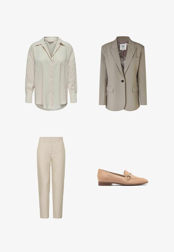 Beige Blazer mit Reverskragen, Ein-Knopf-Verschluss, zwei Vorderaschen und einem glatten Satin-Futter. Maßgeschneiderte Passform mit strukturierten Schultern.; Helles beiges Hemd mit Knöpfen, Kragen, langen Ärmeln und einem leicht strukturierten Stoff. Verfügt über einen abgerundeten Saum und Vorderknöpfe.; Beige Hosen aus leichtem Stoff, mit schmalem Schnitt, flachem Bund und seitlichen Taschen; glatte Textur mit dezenten Streifen.; Beige Lederloafers mit einem niedrigen Absatz, die ein gesticktes Design und eine kleine silberne Hardware-Akzent auf der Oberseite aufweisen. Glatte Textur.