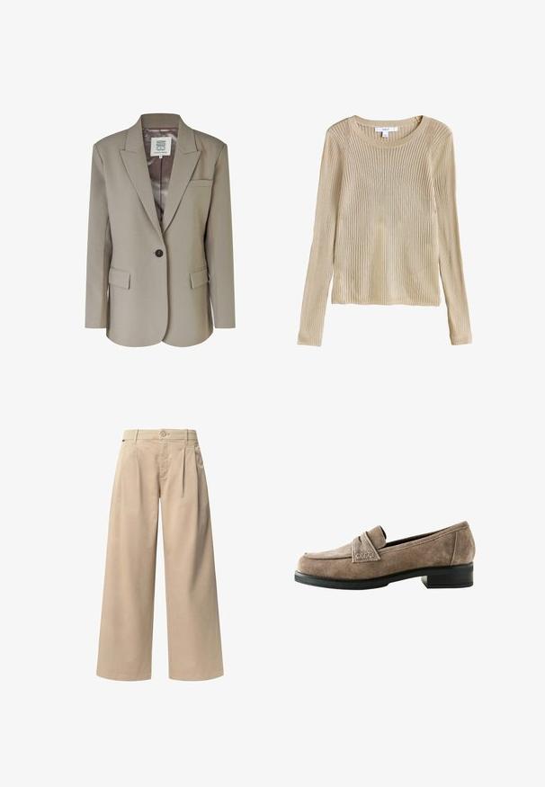 Beige blazer met een geknipt revers, enkele knoopsluiting, twee voorzakken en een gladde satijnen binnenvoering. Taillerende pasvorm met gestructureerde schouders.; Beige geribbelde lange mouw gebreide trui met ronde hals en slim fit, plat weergegeven met label zichtbaar bij de kraag.; Beige wijde broek met twee voorplooien, een knoopsluiting en een gladde textuur. Ontworpen voor comfort en een losse pasvorm.; Bruine suède loafers met een lage, zwarte gestapelde hak. Heeft een gestikt voorpand en een zachte binnenvoering. Rond ontwerp van de neus.