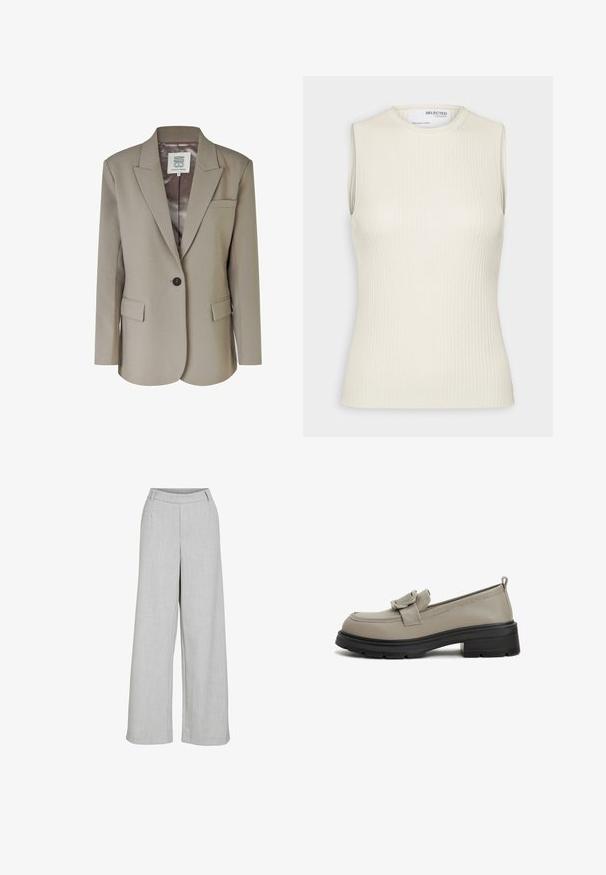 Beige blazer med nedskåret revers, enkel knaplukning, to frontlommer og en glat satinforing. Skræddersyet pasform med strukturerede skuldre.; Selected Knitted Sleeveless - Top - birch; Lys grå vide bukser lavet af struktureret stof, med flad front, bæltestropper og et rent, skræddersyet udseende.; Beige læder loafers med en sløjfe-detalje, rund tå og en tekstureret sort platformssål. Har en løkke bagpå.