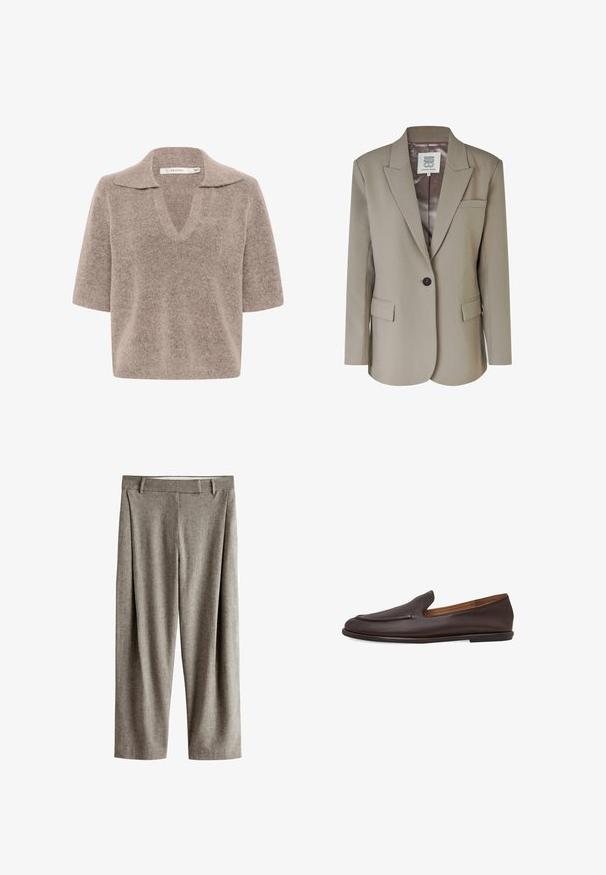 Blazer beige con solapa muesca, cierre de un solo botón, dos bolsillos frontales y un forro interior de satén suave. Corte ajustado con hombros estructurados.; Suéter beige de manga corta con escote en V, hecho de un material de punto suave, con un diseño de cuello y un corte relajado.; Pantalones de vestir grises de corte recto con trabillas para cinturón, frente plano y una textura sutil sobre un fondo blanco.; Mocasín de cuero marrón oscuro sin cordones con tacón bajo y punta redondeada y lisa, mostrado sobre un fondo blanco.