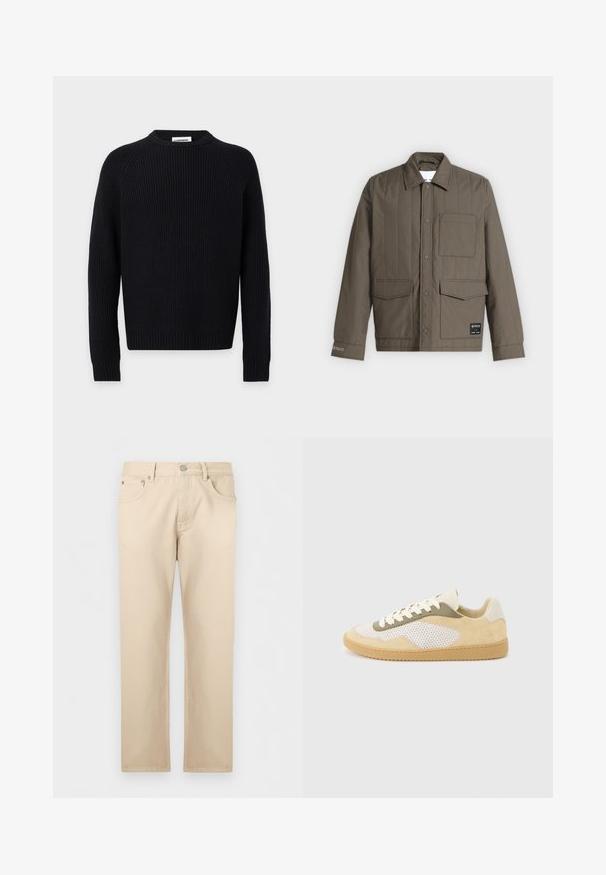 Brown quilted jacket with front snap buttons, three front pockets including one chest pocket, and a collar, displayed flat on a white background.; Black long-sleeve ribbed knit sweater with crew neck and J. Lindeberg label at the back inside collar.; Beige straight-leg jeans with front button and zipper, front and back pockets, laid flat on a light background.; Low-top sneaker with beige suede, white mesh panels, olive accents, white laces, and gum rubber sole on a light gray background.