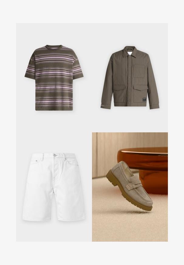 Veste matelassée marron avec boutons-pression à l'avant, trois poches avant dont une poche poitrine, et un col, présentée à plat sur fond blanc.; T-shirt vert olive à manches courtes avec de fines rayures horizontales roses sur le devant et les manches sur fond blanc.; Shorts en denim blanc pour hommes avec bouton et fermeture éclair à l'avant, passants pour ceinture, et deux poches avant sur un fond uni.; Mocassin en daim gris clair avec une semelle en caoutchouc marron épaisse, posé sur un tapis beige devant une table ronde marron floue.