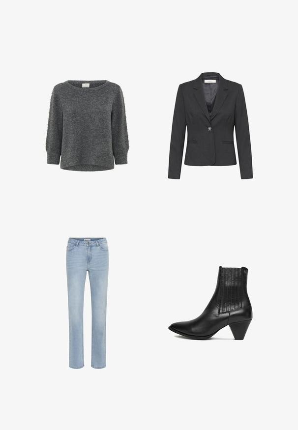 Grå skræddersyet blazer med en struktureret design, enkelt knaplukning, revers-krave og to frontlommer, lavet af et tekstureret stof.; Kaffe KABETTY - Striktrøje - grey melange; Lysblå straight-leg jeans med frontknap og lynlås, for- og baglommer samt en almindelig talje.; Sorte læder ankelstøvler med spids tå, teksturerede sidesk paneler og en lav, stablet hæl. Minimalistisk design uden synligt hardware.
