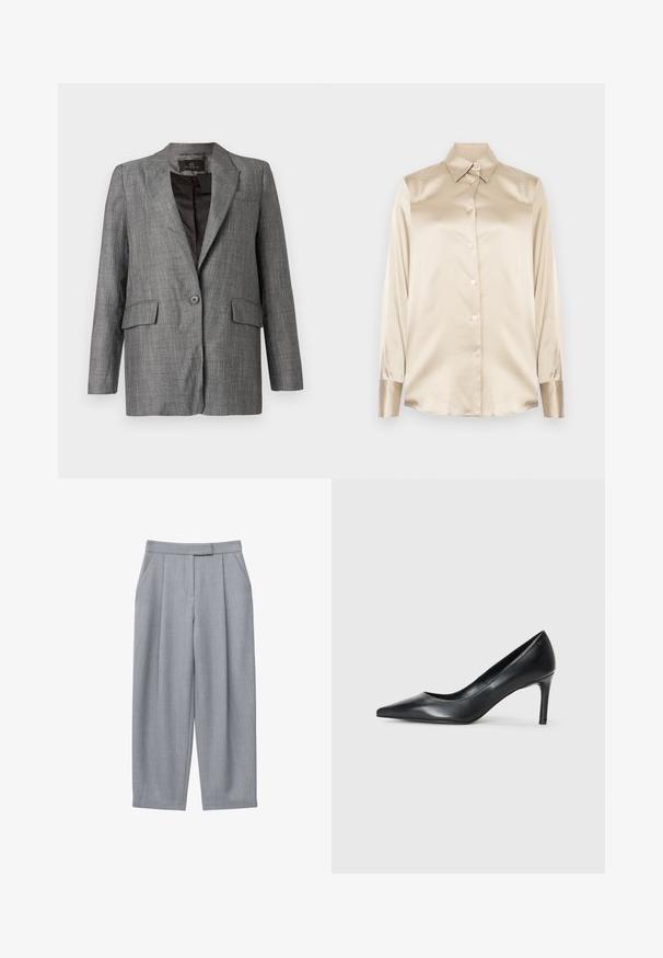 Grå sildbenmønstret blazer med hakkede revers, enkeltknapslukning, to forlommer og en glat inderforing.; Beige satin skjorte med spids krave, lange ærmer, knaplukning og manchetter i en lidt glattere finish. Ingen mønstre eller detaljer.; Grå bukser med skræddersyet design, der har plisseringer, sidelommer og med lige ben. Glat tekstur og midtalje med normal højde.; Sorte læder spidse pumps med en slank hæl, glat tekstur og ingen synlige udsmykninger. Rent design med en minimalistisk æstetik.