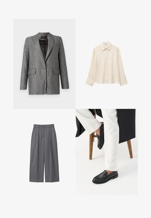 Grå sildbenmønstret blazer med hakkede revers, enkeltknapslukning, to forlommer og en glat inderforing.; Langærmet cremefarvet silkebluse med spids krave og knaplukning foran, vist på en ensfarvet hvid baggrund. Ingen synlige mønstre eller design.; Grå bredbenede bukser lavet af glat stof, med høj talje, læg, knaplukning og sidelommer. Minimalistisk design.; Person iført sorte læder loafers og hvide bukser, siddende på en træskammel mod en hvid baggrund.
