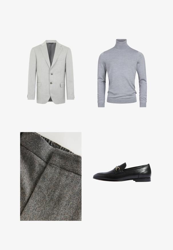 Lichtgrijze blazer van textuurstof, met een enkelvoudige knoopsluiting, revers, twee voorzakken en een twee-knoopsluiting.; Grijze coltrui gemaakt van een zachte breistof. Beschikt over lange mouwen en een getailleerd ontwerp met geribde manchetten en zoom. Simpele, gladde textuur.; Grijze wollen mix broek met een soepele textuur, voorzien van een brede tailleband en een cleane, klassieke snit. Subtiele kleurvlekken aanwezig.; Zwarte leren loafers met een ronde neus, een gouden gespaccent en een lage gestapelde hak. Glad oppervlak met minimale stiksels.