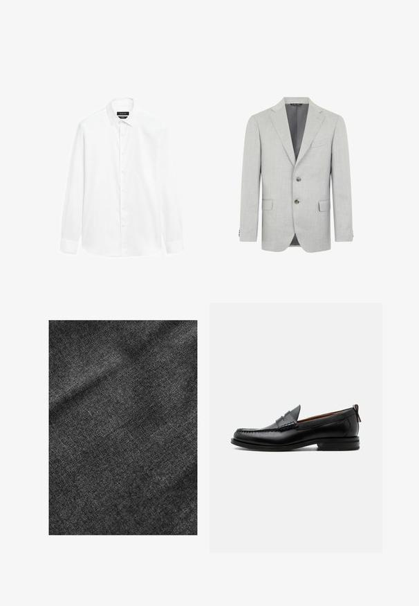 Lichtgrijze blazer van textuurstof, met een enkelvoudige knoopsluiting, revers, twee voorzakken en een twee-knoopsluiting.; Witte overhemd met een button-down kraag, lange mouwen en een knoopsluiting aan de voorkant. De stof lijkt soepel met een lichte glans.; Geweven zwarte stof met een zachte, licht glanzende oppervlakte, die een subtiel weefpatroon en een soepele val vertoont.; Zwarte leren herensloffen met moc toe stiksel, pennyriem, gestructureerde kraag en lage gestapelde hak op witte achtergrond.