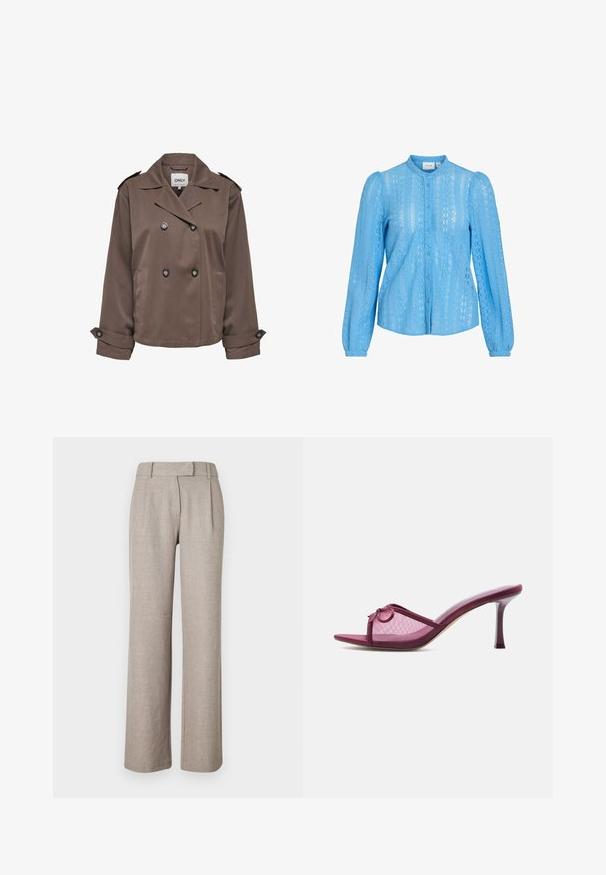 Brun, dobbeltspændt cropped jakke med brede revers, knapmanchetter, skulderstropper og sidelommer.; Lyseblå langærmet blondebluse med høj krave, knapper foran og let oppustede skuldre.; Beige skræddersyede bukser lavet af et struktureret stof, med et lige ben-design og frontfolder. Ingen synligt hardware eller mønstre.; Åben tå burgundy mule med mesh og sløjfedetalje, med slank høj hæl og glat sål.
