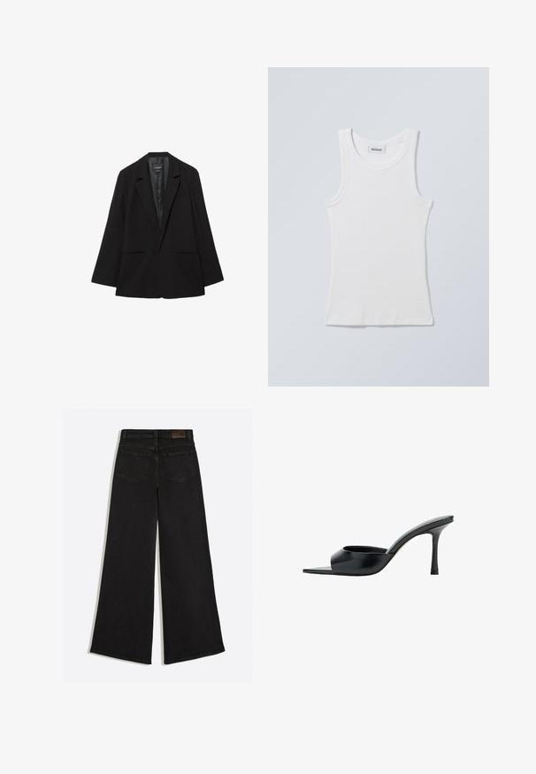 Blazer noir simple boutonnage avec revers crantés, deux poches avant et une doublure intérieure en satin lisse.; Débardeur en coton blanc avec un col rond et des bretelles larges. Présente une texture côtelée et un ourlet droit. Étiquette affichée sur le col.; Jean en denim noir à jambes larges vu de dos avec deux poches arrière et des passants de ceinture à la taille.; Mules à talons en cuir noir avec un bout pointu, un dos ouvert et une silhouette élégante. Présente une texture lisse et un talon aiguille.